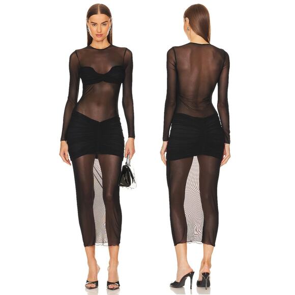 Mother of All Ellie Sheer Mesh Maxi Dress Ruched Sexy Party Evening Black Size M - Picture 1 of 10